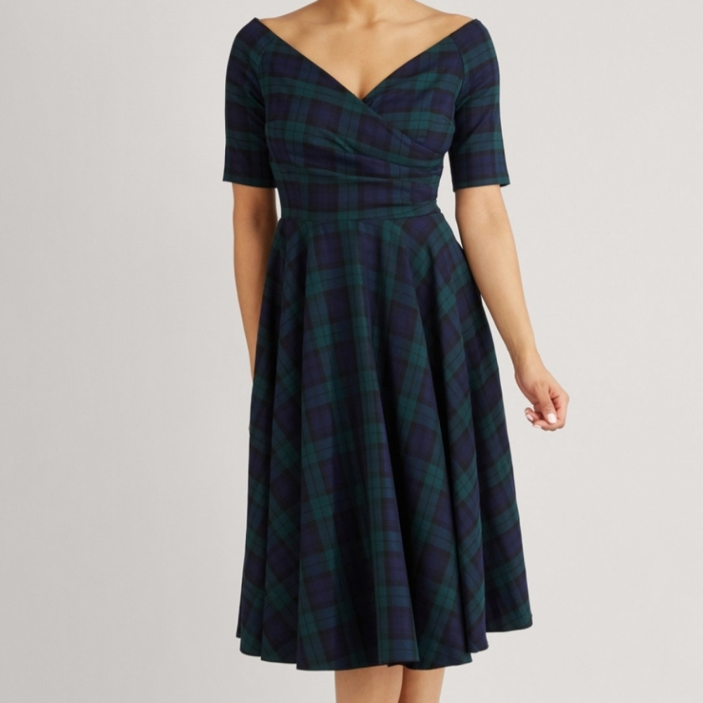 EUC The Pretty Dress Company Hourglass Tartan Off Shoulder Swing Dress US6/UK10